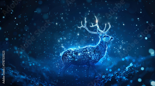 Shining Deer in dark blue fairy-tale forest. Mockup for Christmas greeting cards and winter holiday designs. Copy space.