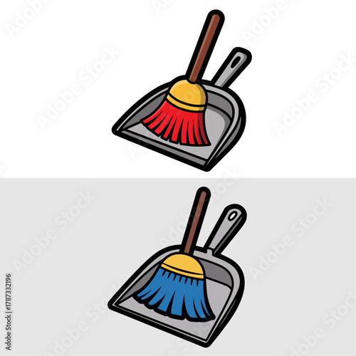 Cartoon Broom and Dustpan Cleaning Tools Set