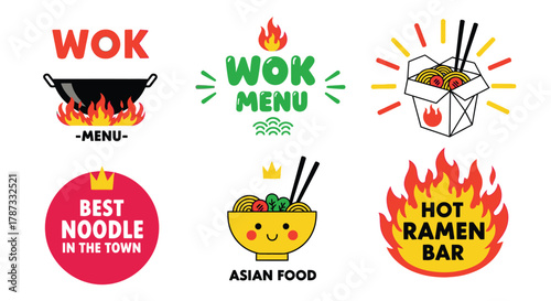 Asian food wok noodle ramen bar restaurant menu vector illustration