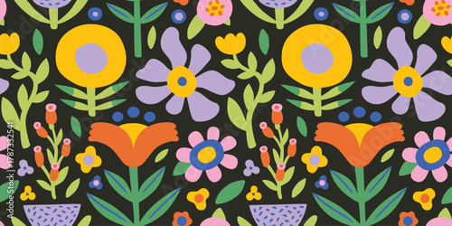 Seamless vector pattern with boho floral spring and summer flowers. Hand drawn groovy floral background. Perfect for textile, wallpaper or nursery print design. Bright colors, black background.