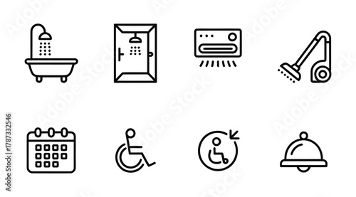 Hotel bathroom accessibility outline icons set for hospitality and room service