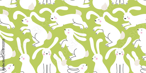 Spring cartoon seamless pattern with cute white bunny, green background. Easter rabbits, hare in different pose jumping, sitting. Happy Easter print in flat style, pastel colors.