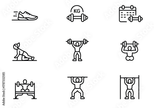 Workout exercise outline icons set for fitness training and bodybuilding concept