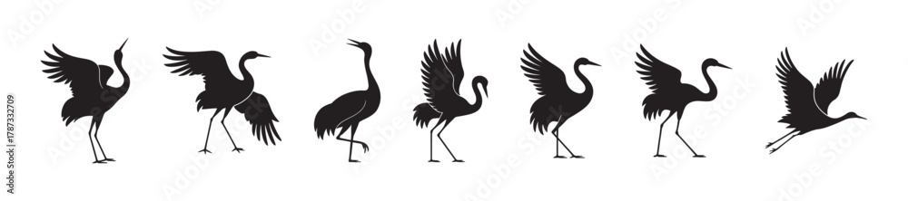 Obraz premium Crane bird silhouettes collection, elegant heron poses, flying and standing birds, wildlife illustration, nature animal design, graceful bird vector art, black silhouette