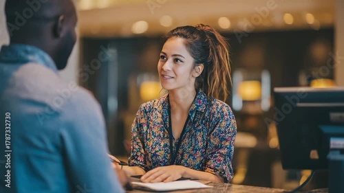 Wallpaper Mural Friendly hotel receptionist assists a guest with a smile and gestures at the front desk, providing excellent customer service and hospitality. Torontodigital.ca