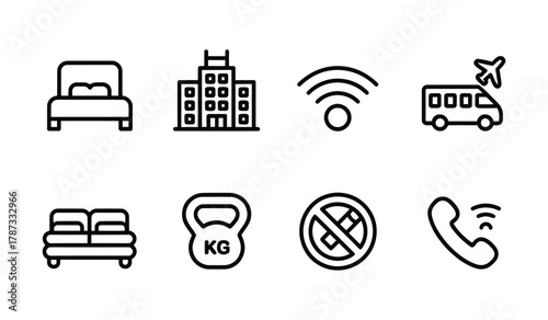 Hotel travel service outline icons set for booking and accommodation