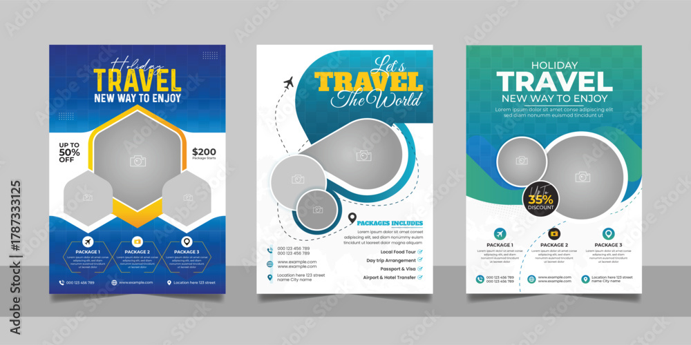Fototapeta premium Set of Travel Agency Flyer Holiday Modern A4 Template Design bundle