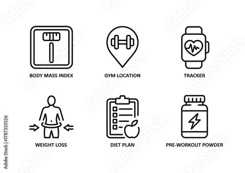 Fitness and gym lifestyle icon set with exercise and nutrition symbols