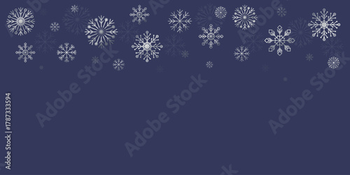 Minimal winter banner with silver snowflakes on deep blue. Elegant frosty pattern perfect for holiday greetings, seasonal decoration, and web banners