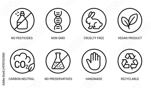 Eco-friendly and sustainable organic product label icons
