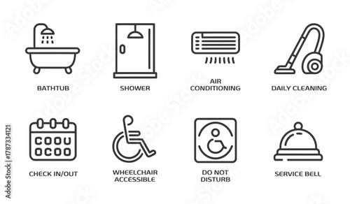 Hotel cleaning and room service line icons collection