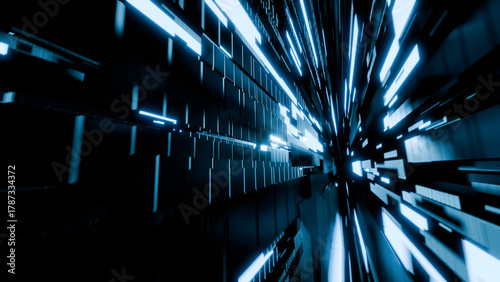 3D rendering of glowing blue cube tunnel.