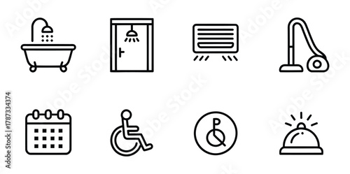 Hotel housekeeping and cleaning service line icons collection