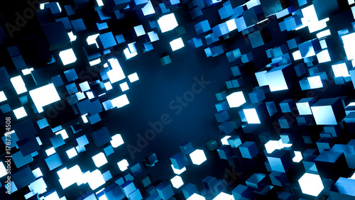 3D rendering, abstract background with blue 3D cubes on blue backdrop.