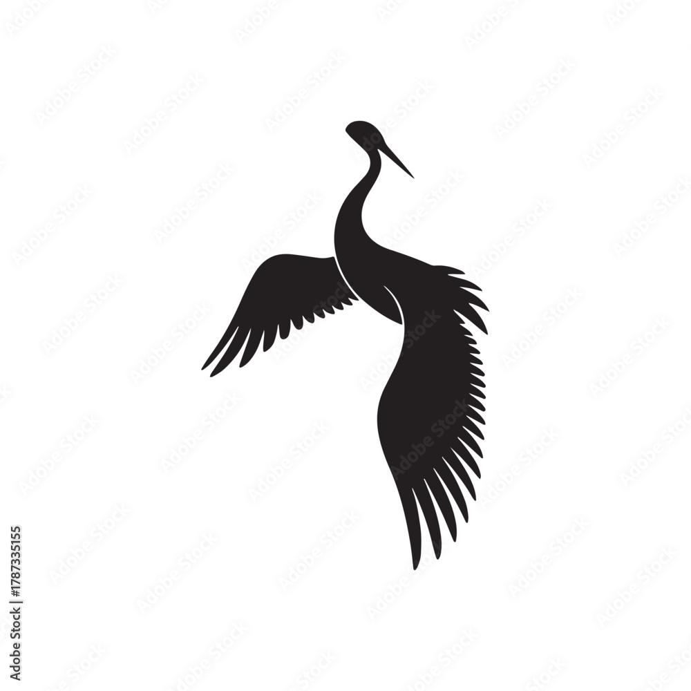 Obraz premium Black Silhouette of Sandhill Crane Gracefully Flying Against White Background