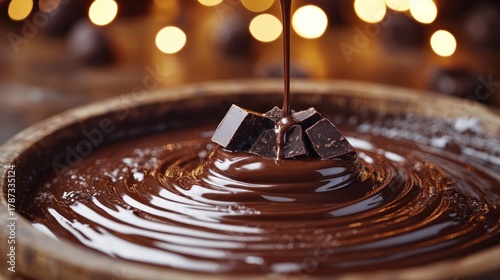 Melted chocolate swirls in a wooden bowl, chocolate pieces atop