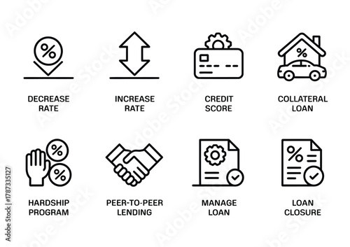 Financial loan management and credit service line icons set
