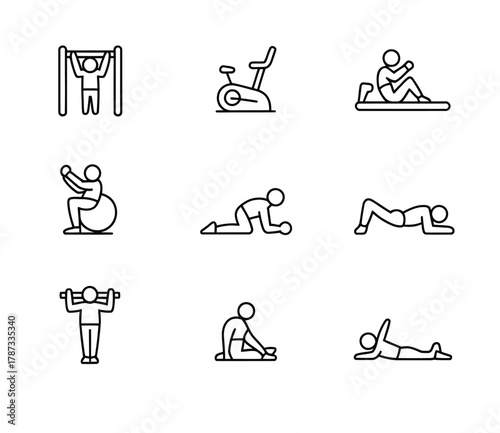 Workout exercise and gym training line icon set