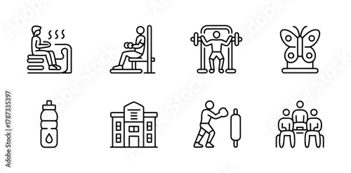 Gym and wellness center facility line icon collection