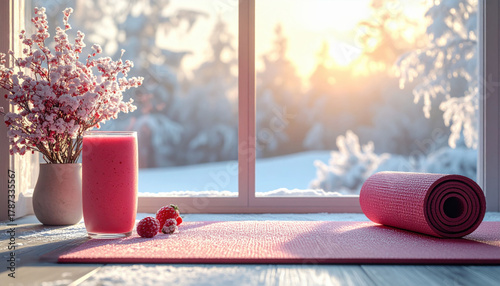 Pink yoga mat and smoothie on wooden floor by snowy window, with vase of flowers, create serene winter morning scene