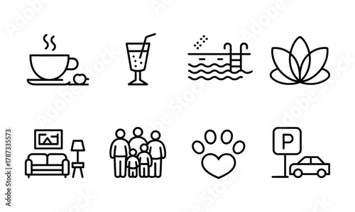 Hotel amenities and hospitality service line icons set