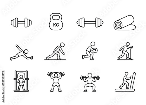 Fitness and gym activity line icon collection