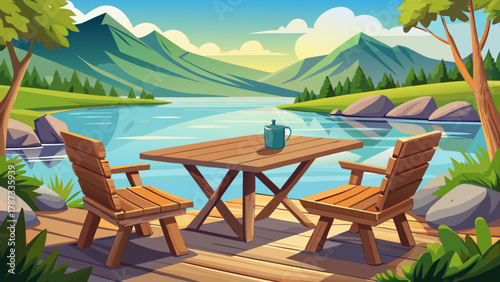 Very beautiful lakeside setup featuring rough-hewn wooden chairs and a simple rustic table overlooking calm reflective water, with soft natural light and a realistic peaceful outdoor atmosphere.