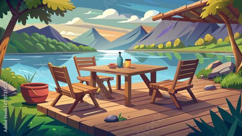Very beautiful lakeside setup featuring rough-hewn wooden chairs and a simple rustic table overlooking calm reflective water, with soft natural light and a realistic peaceful outdoor atmosphere.