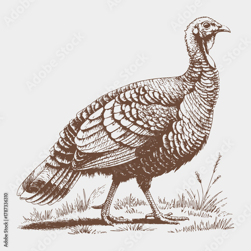 Detailed vintage engraving of a turkey standing on the grass. Hand-drawn etching style farm bird illustration, ideal for Thanksgiving design, meat product packaging, organic farm labels.