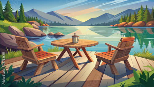 Very beautiful lakeside setup featuring rough-hewn wooden chairs and a simple rustic table overlooking calm reflective water, with soft natural light and a realistic peaceful outdoor atmosphere.