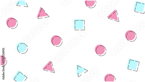 水色とピンクの図形を散りばめたポップで可愛いメンフィス風背景	
