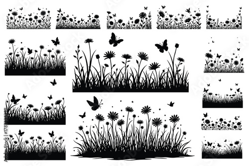 Black silhouette floral borders with butterflies and grass