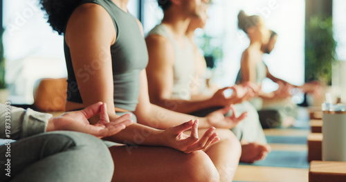 Tableau sur toile Zen, people or hands in yoga class with lotus pose for meditation, chakra healing or wellness