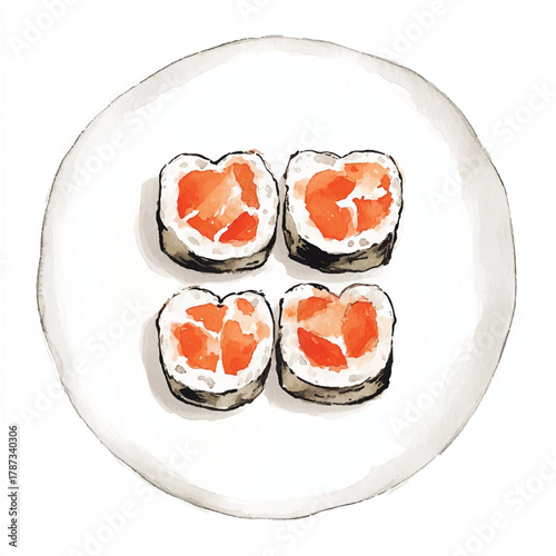 Four pieces of salmon sushi rolls on a white plate.