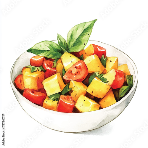Fresh Caprese Salad in a White Bowl with Basil Leaves.