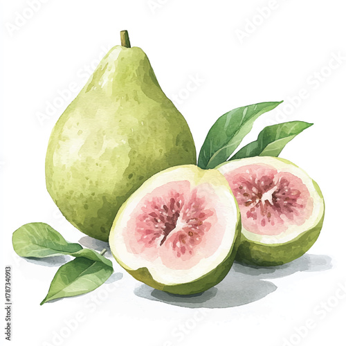 Fresh figs and pear cut in half showing inside.