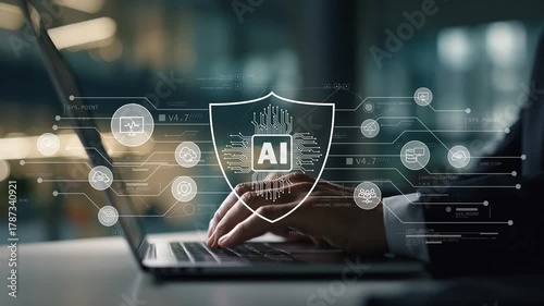 Businessman writing on laptop showing glowing shield ai agent icons, dark tech setting shows smart technology, ai interface, marketing strategy and digital advertising concept