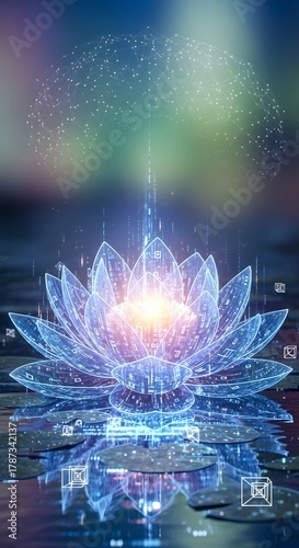 A futuristic digital lotus flower emitting light and holographic effects, symbolizing technology, innovation, and harmony in a vibrant, abstract environment