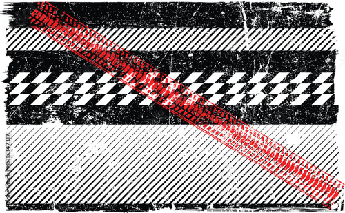 Grunge racing banner with checkered flag pattern and tire track texture , perfect for motorsport design. Racing-inspired grunge background for automotive branding design. Vector illustration.