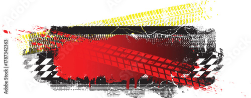 Grunge racing banner with checkered flag pattern and tire track texture , perfect for motorsport design. Racing-inspired grunge background for automotive branding design. Vector illustration.