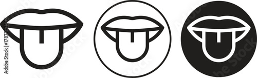 Tongue out vectors Set. Open mouth and licking, tongue sticking out conversation. Taste scheme concepts. Tongue with lips. Sense symbols. Art icons for apps and websites on transparent background.