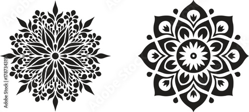 Intricate mandala designs radiating peace and spiritual harmony side by side in bold black line art