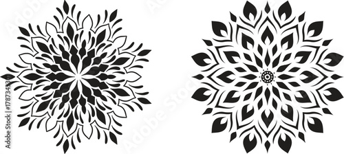 Intricate floral mandala designs evoking feelings of calm and balance presented in bold black shapes
