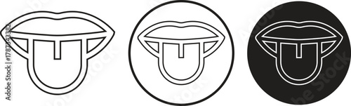 Tongue out vectors Set. Open mouth and licking, tongue sticking out conversation. Taste scheme concepts. Tongue with lips. Sense symbols. Art icons for apps and websites on transparent background.