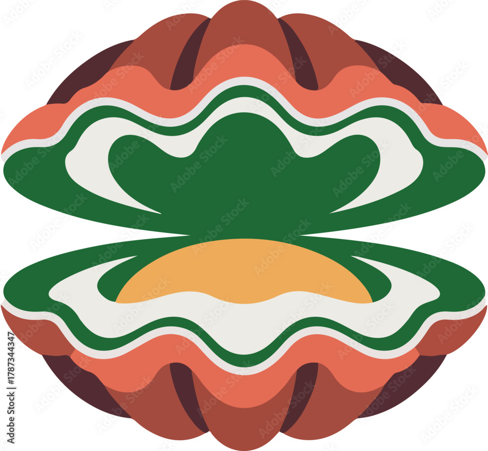 Naklejka premium Vibrant vector graphic of an open bivalve shell showcasing a precious pearl in its green and orange interior