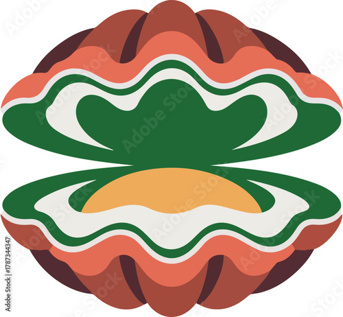 Vibrant vector graphic of an open bivalve shell showcasing a precious pearl in its green and orange interior