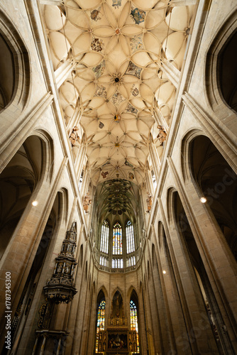 Kutná Hora, Czech Republic – August 8, 2025: Majestic interior of St. Barbara’s Cathedral showcasing intricate Gothic vaulting and towering pillars in Kutná Hora, a UNESCO heritage site