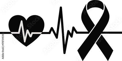 Black ribbon and electrocardiogram heart symbol on white background awareness ribbon