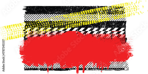 Grunge racing banner with checkered flag pattern and tire track texture , perfect for motorsport design. Racing-inspired grunge background for automotive branding design. Vector illustration.