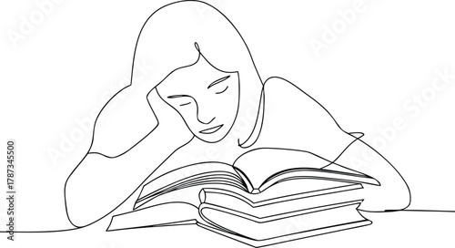 Woman reading books with eyes closed in continuous line art